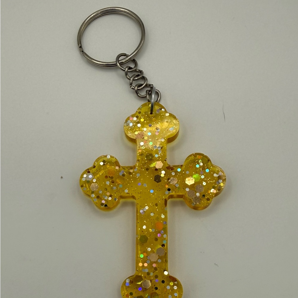 Glittery Yellow Cross Keychain